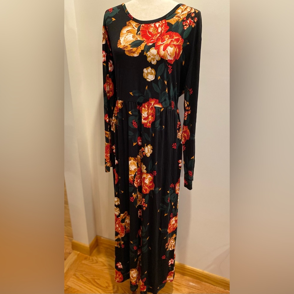 LONGYUAN, Sz 4XL, Dark Green, Floral Long Sleeve Maxi Dress - NWT - Picture 3 of 12
